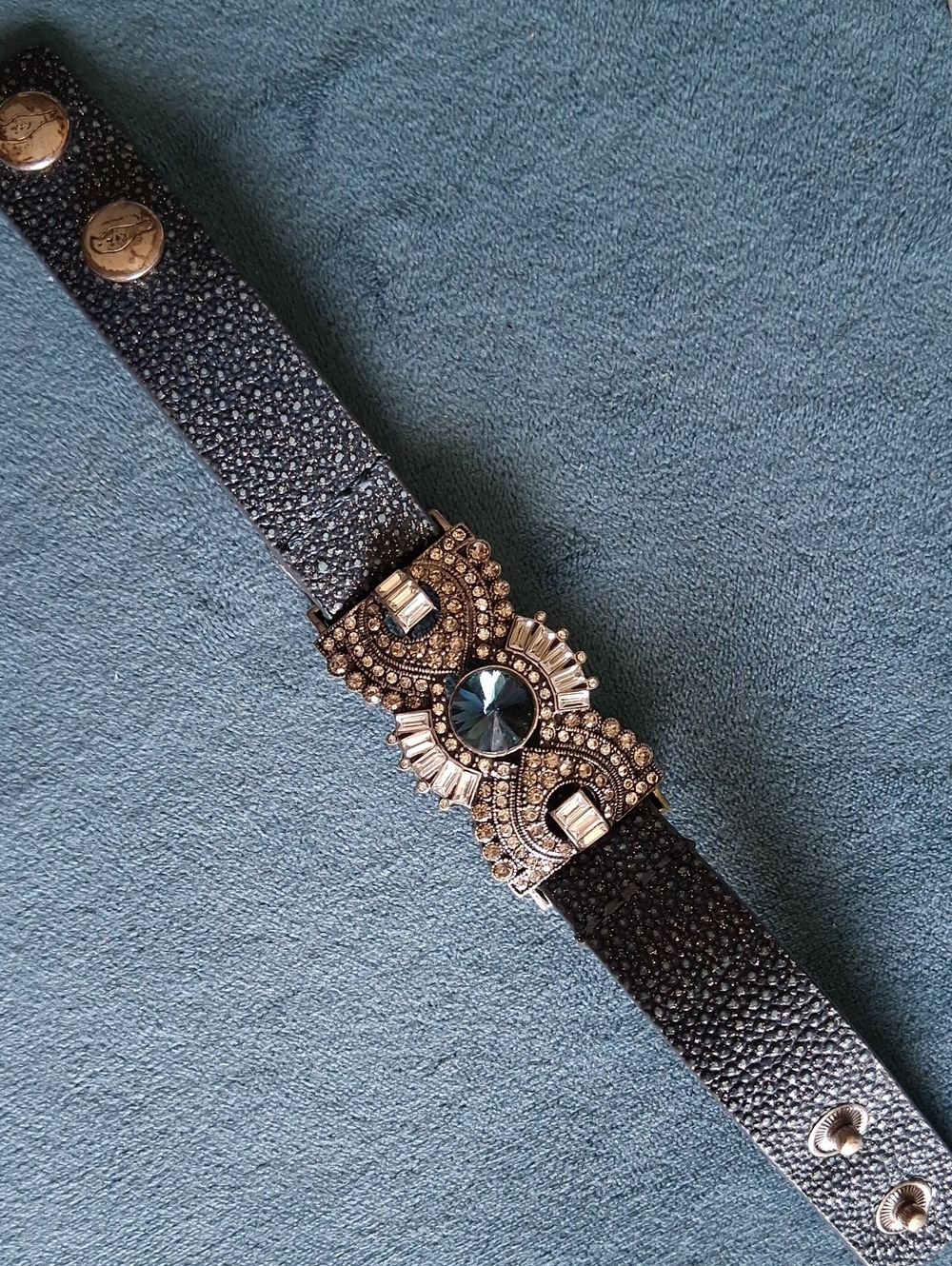 Chloe + Isabel Black Leather Strap Crystal Buckle Bracelet